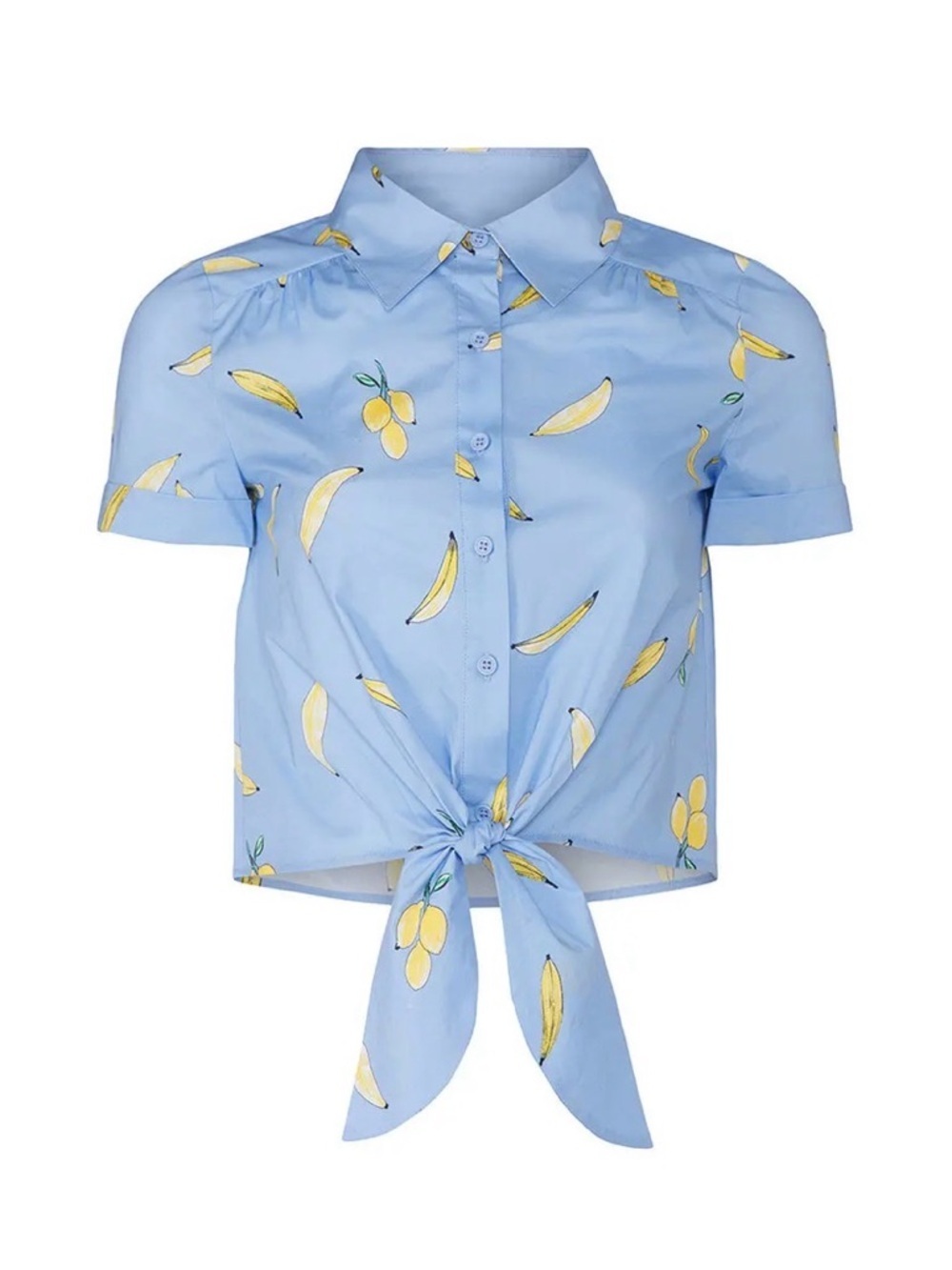 Milly Banana Print Bonnie Top - Blue Short-Sleeve Tie-Front Button-Down - Picture 2 of 12